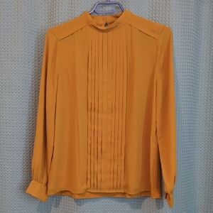 NWT SZ SP Ann Taylor Yellow Pleated Mandarin Collar Blouse